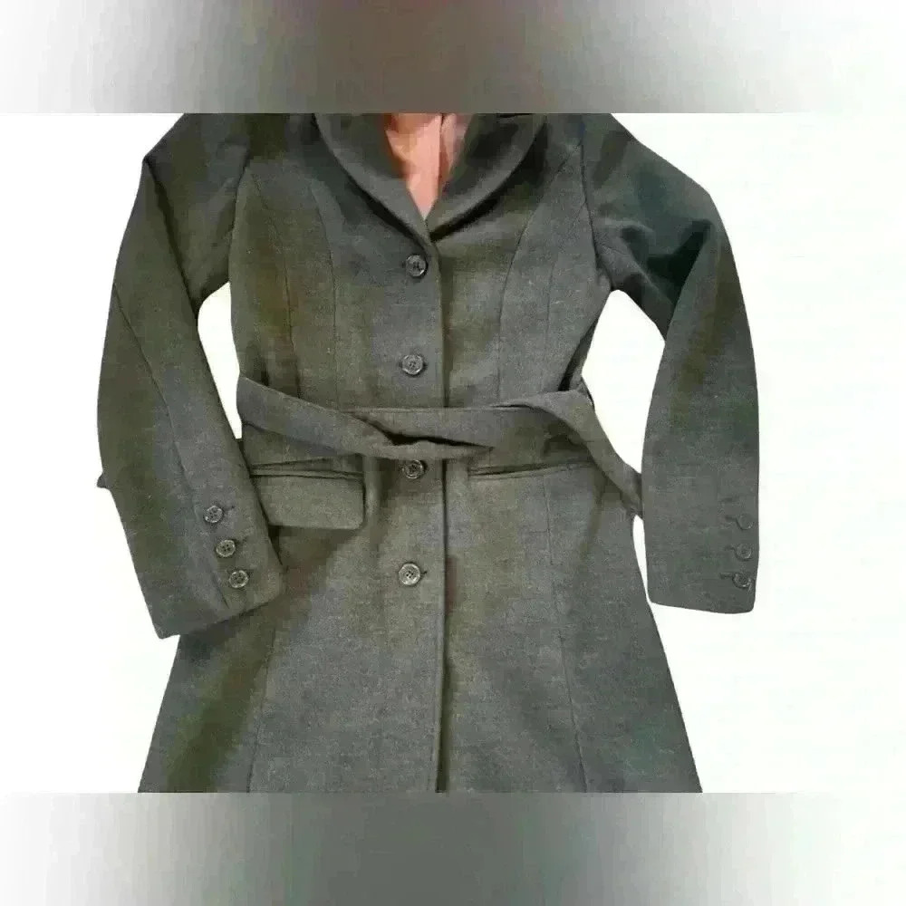 H&M Women’s Grey Belted Mid Length Coat Buttons Belt Lined Warm Pet free - Picture 3 of 4